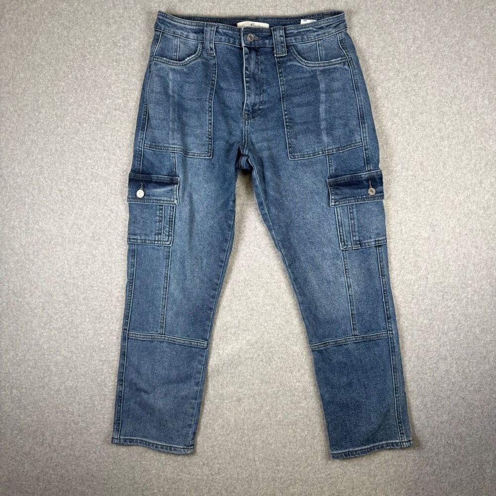 Kancan Avery Womens 9/30 Cargo Denim Jeans Blue Patch Pockets Distressed Faded